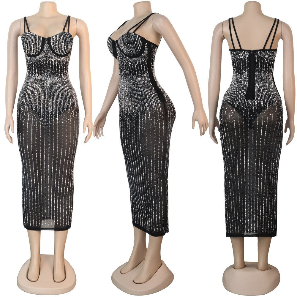 Sparkle Diamond Mesh Bodycon Long Dress