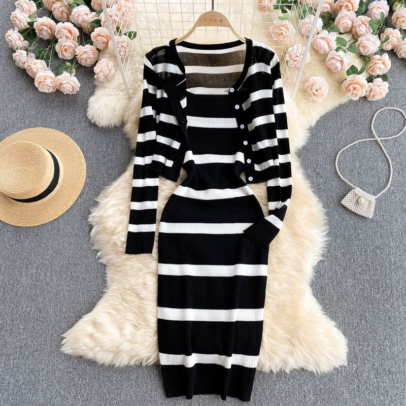 Spaghetti Strap Knitted Cardigan Bodycon Midi Dress