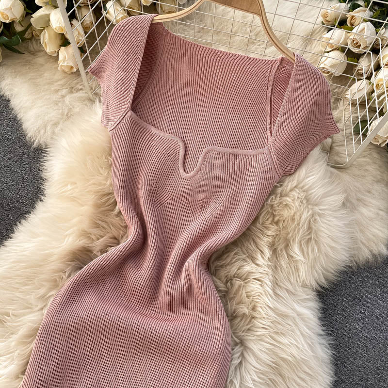 Back Slit Square Neck Casual Vintage Elegant Midi Dress