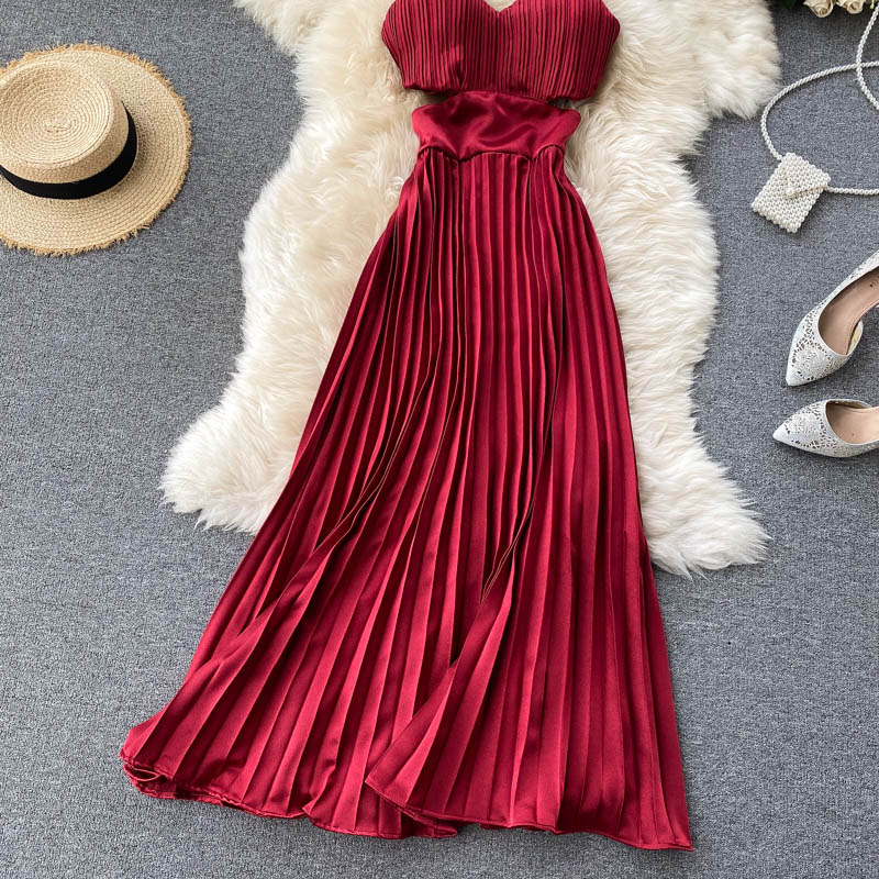 Spaghetti Strap Hollow Out High Waist Pleated Dress