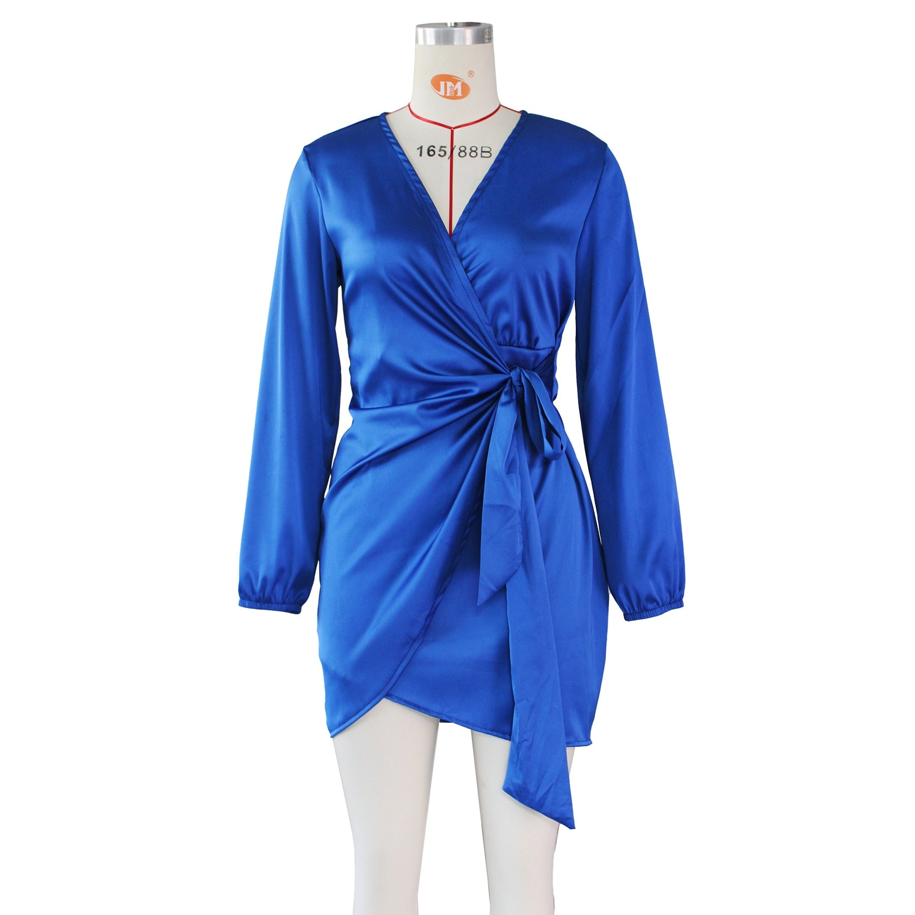 Satin Bodycon V Neck Lantern Sleeve Wrap Dress