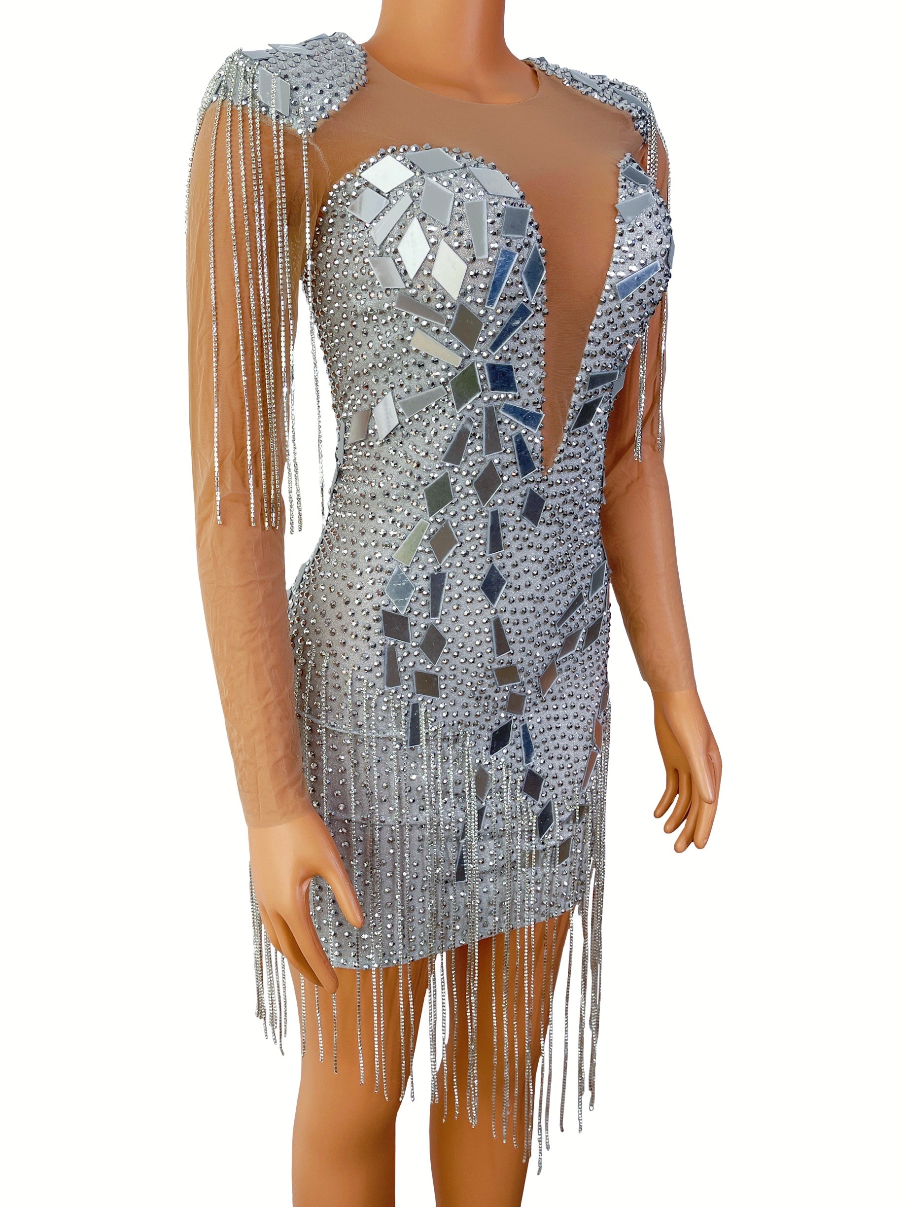 Silver Mesh Crystals Mirrors See Through Dress