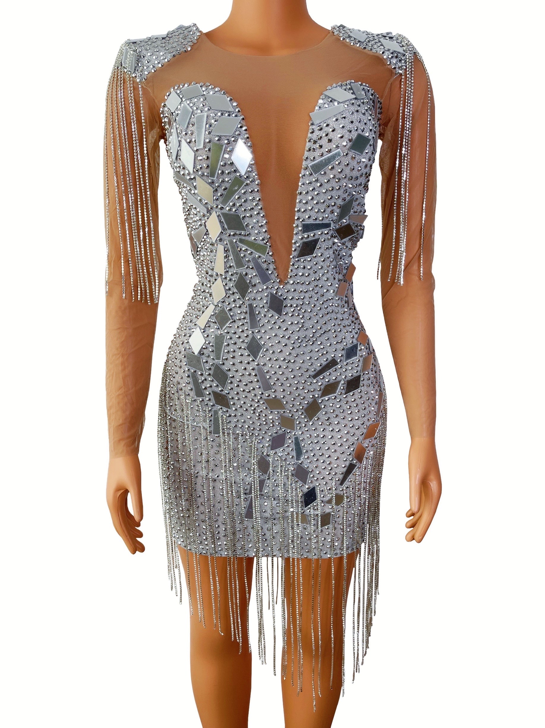 Silver Mesh Crystals Mirrors See Through Dress