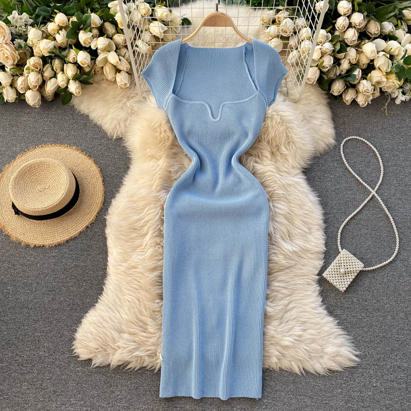 Back Slit Square Neck Casual Vintage Elegant Midi Dress