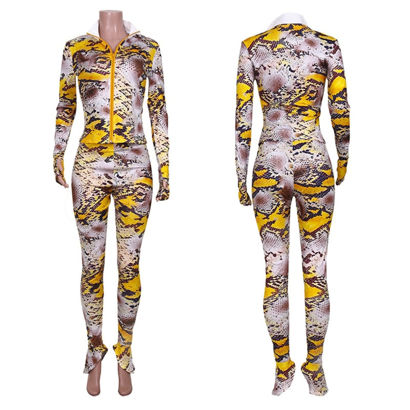 Snake Print Two Piece Crop Top and Leggings Pants Sweat Suits Tracksuits