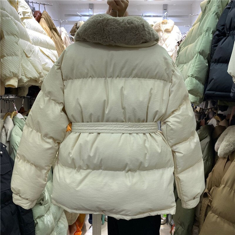 Padded Jacket Fur Collar Casual Parka Coat Single-breasted Waist  Thick Warm Jacket