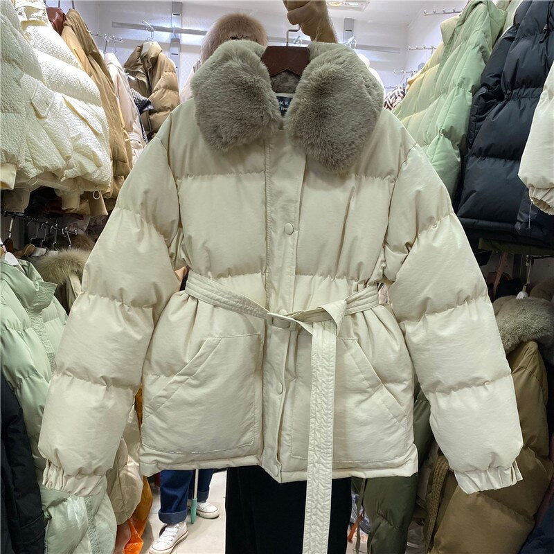 Padded Jacket Fur Collar Casual Parka Coat Single-breasted Waist  Thick Warm Jacket