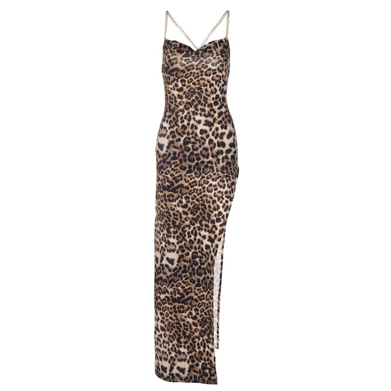 Leopard Metal Chain Slip Sleeveless Backless Dress