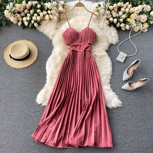 Spaghetti Strap Hollow Out High Waist Pleated Dress