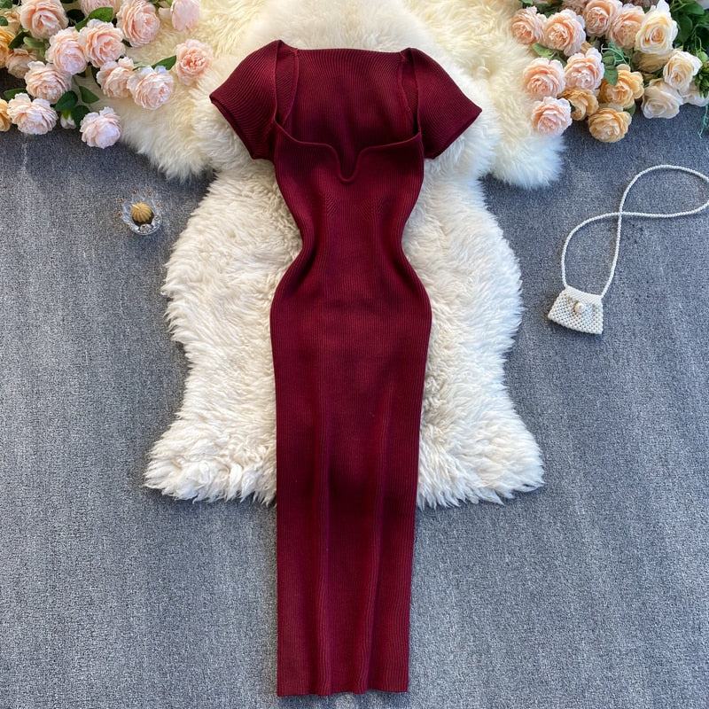 Back Slit Square Neck Casual Vintage Elegant Midi Dress