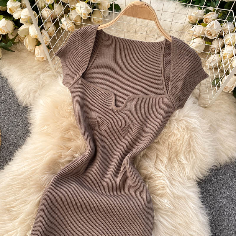 Back Slit Square Neck Casual Vintage Elegant Midi Dress