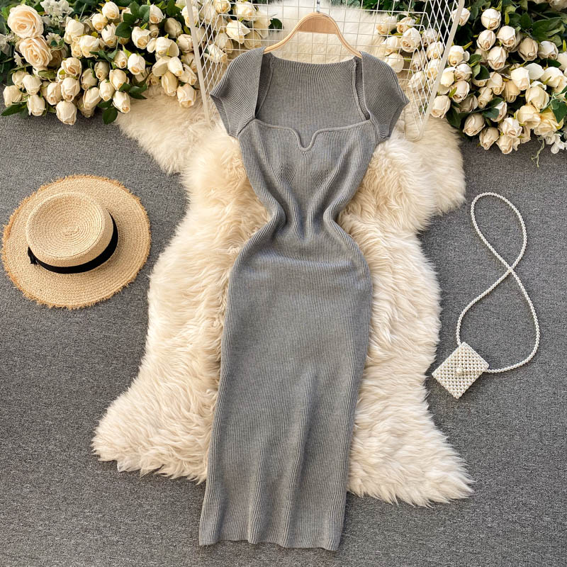 Back Slit Square Neck Casual Vintage Elegant Midi Dress