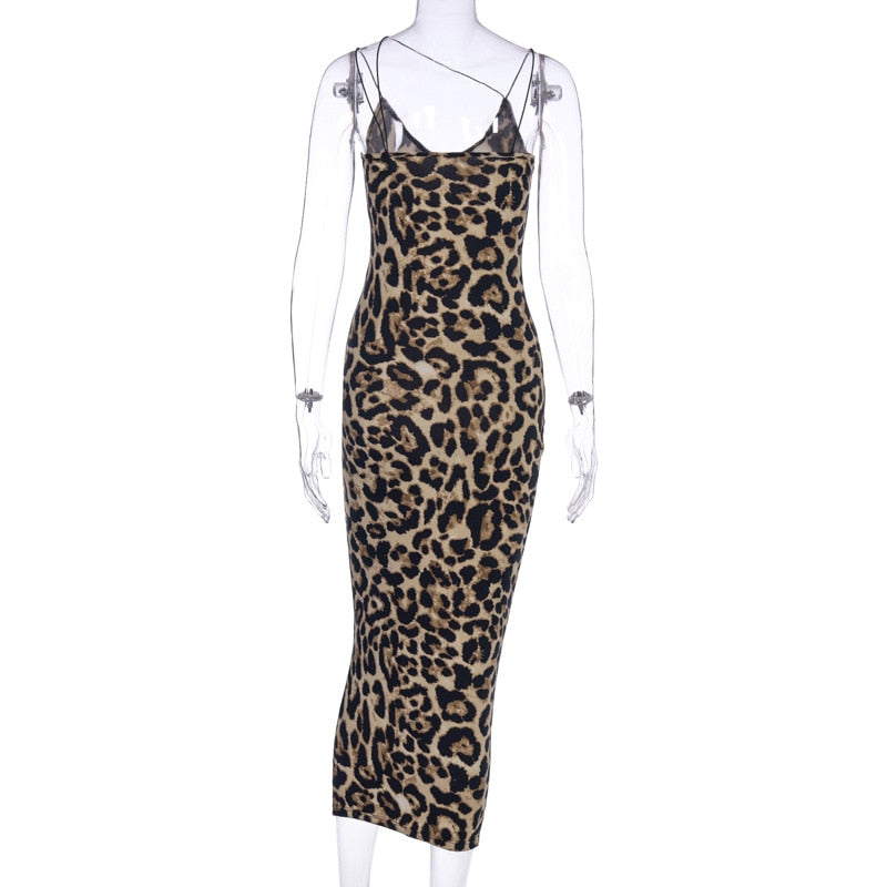 Leopard print sleeveless V-neck sexy midi dress