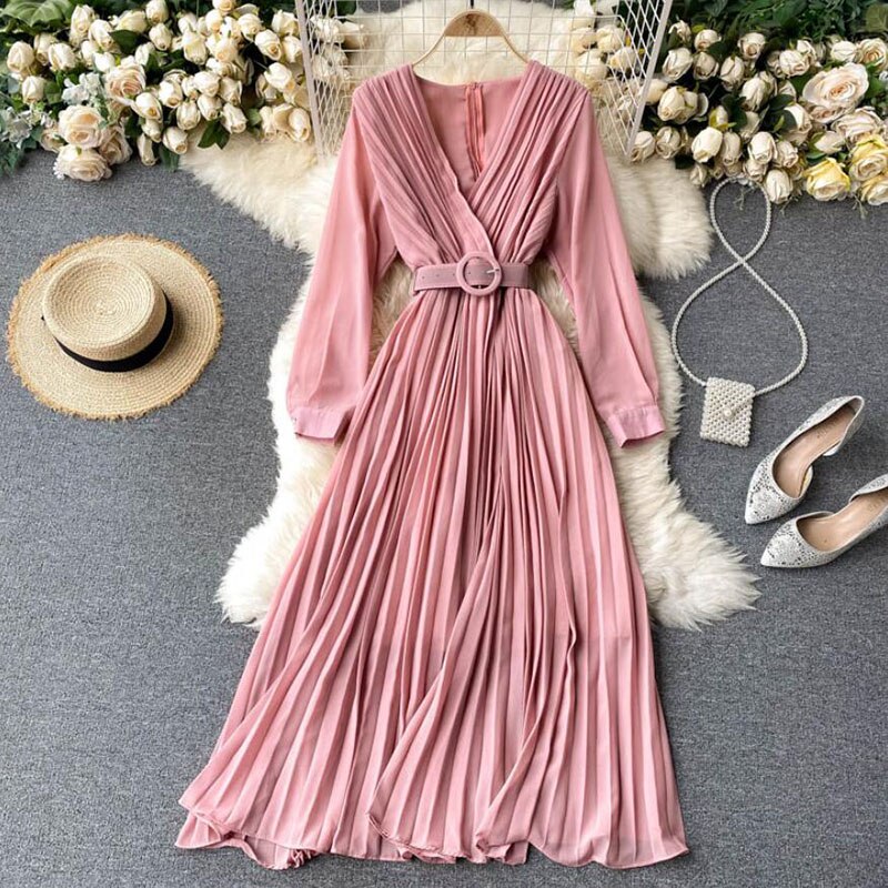 Elegant V-neck Pleated Slim Bandage A-line Midi Dress .