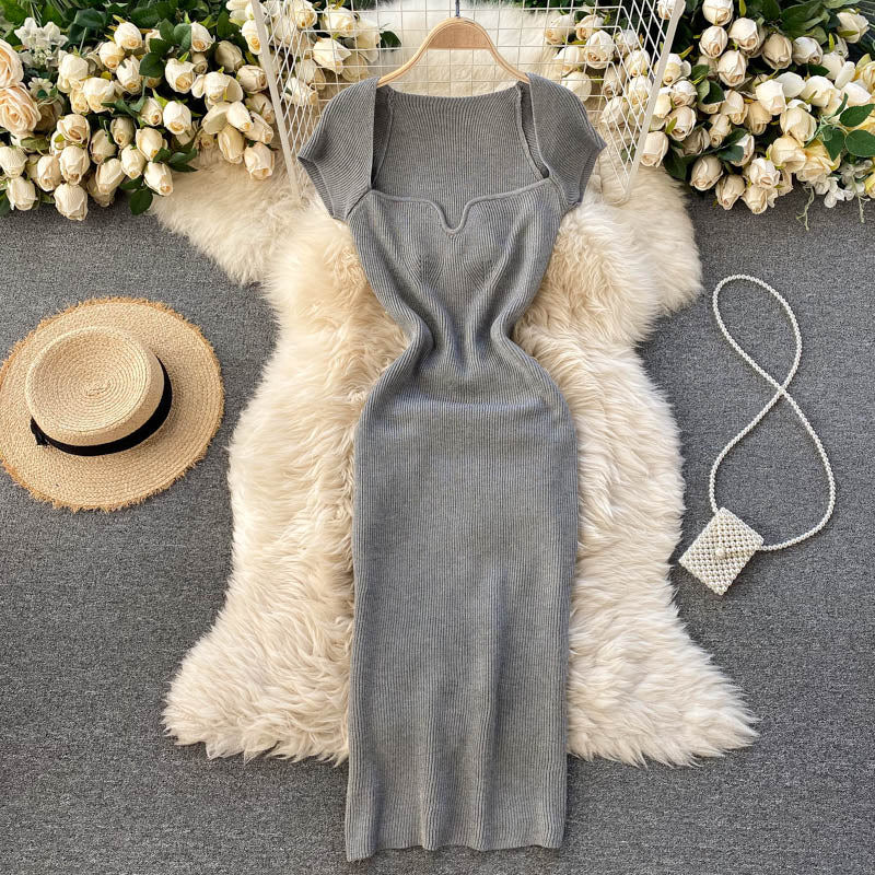 Back Slit Square Neck Casual Vintage Elegant Midi Dress