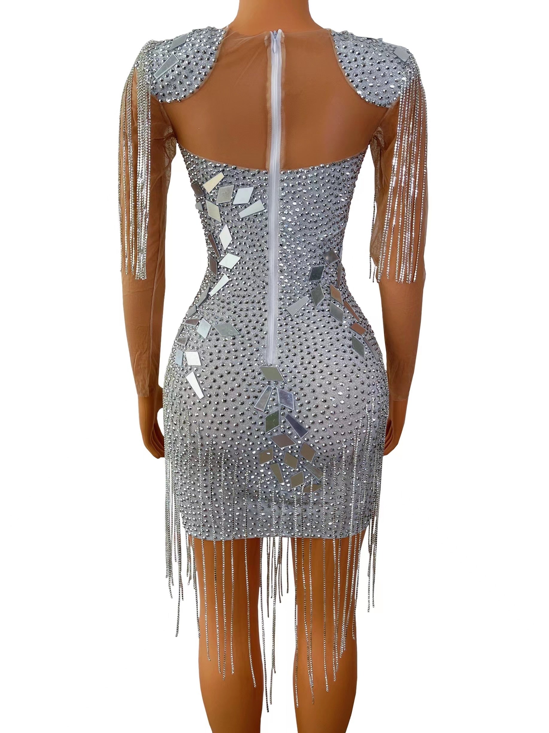 Silver Mesh Crystals Mirrors See Through Dress