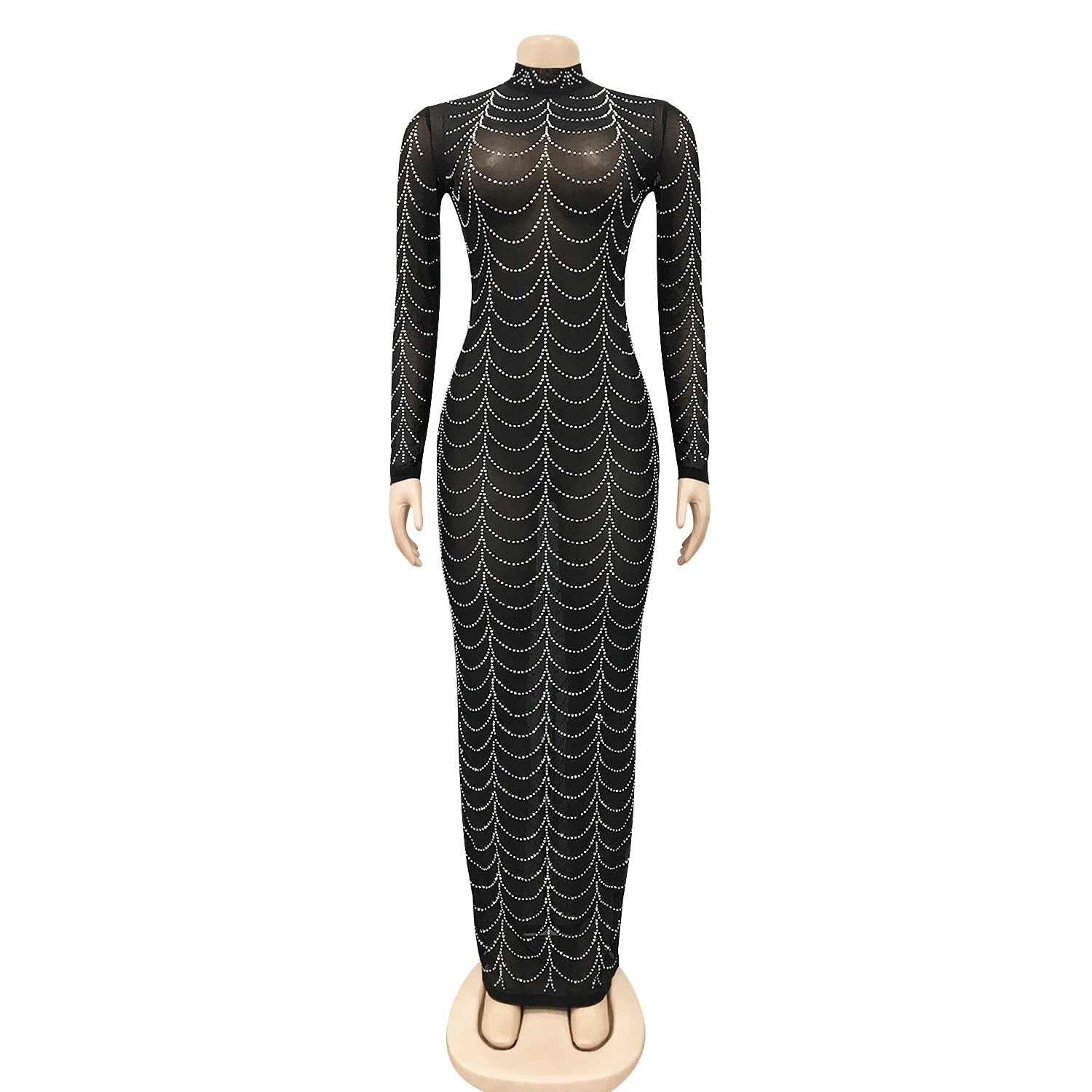 Rhinestone Mesh Long Sleeve Bodycon Maxi Dress