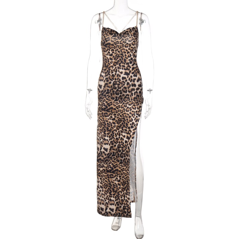 Leopard Metal Chain Slip Sleeveless Backless Dress