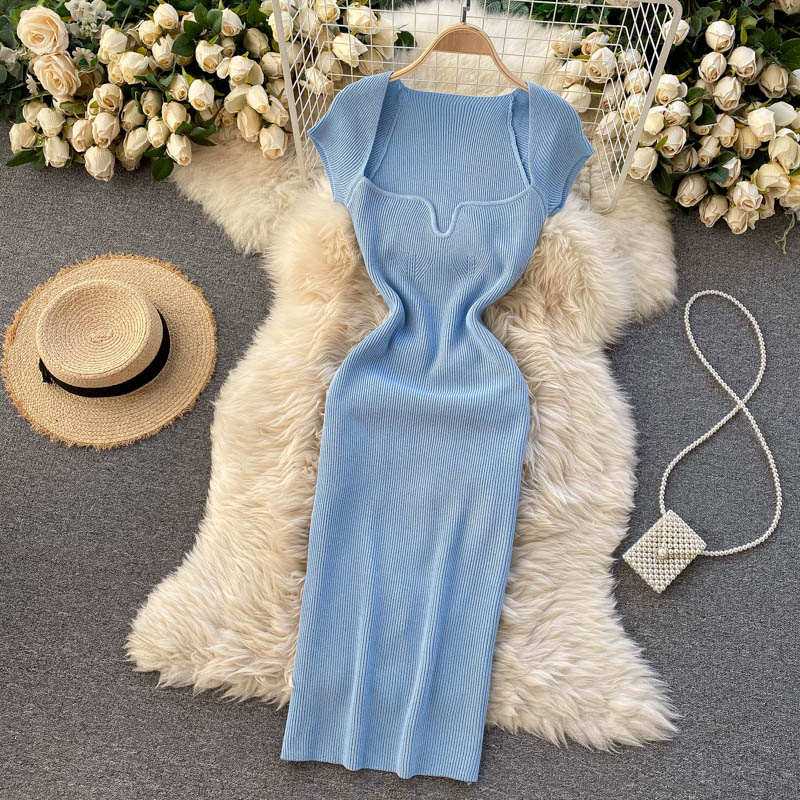 Back Slit Square Neck Casual Vintage Elegant Midi Dress