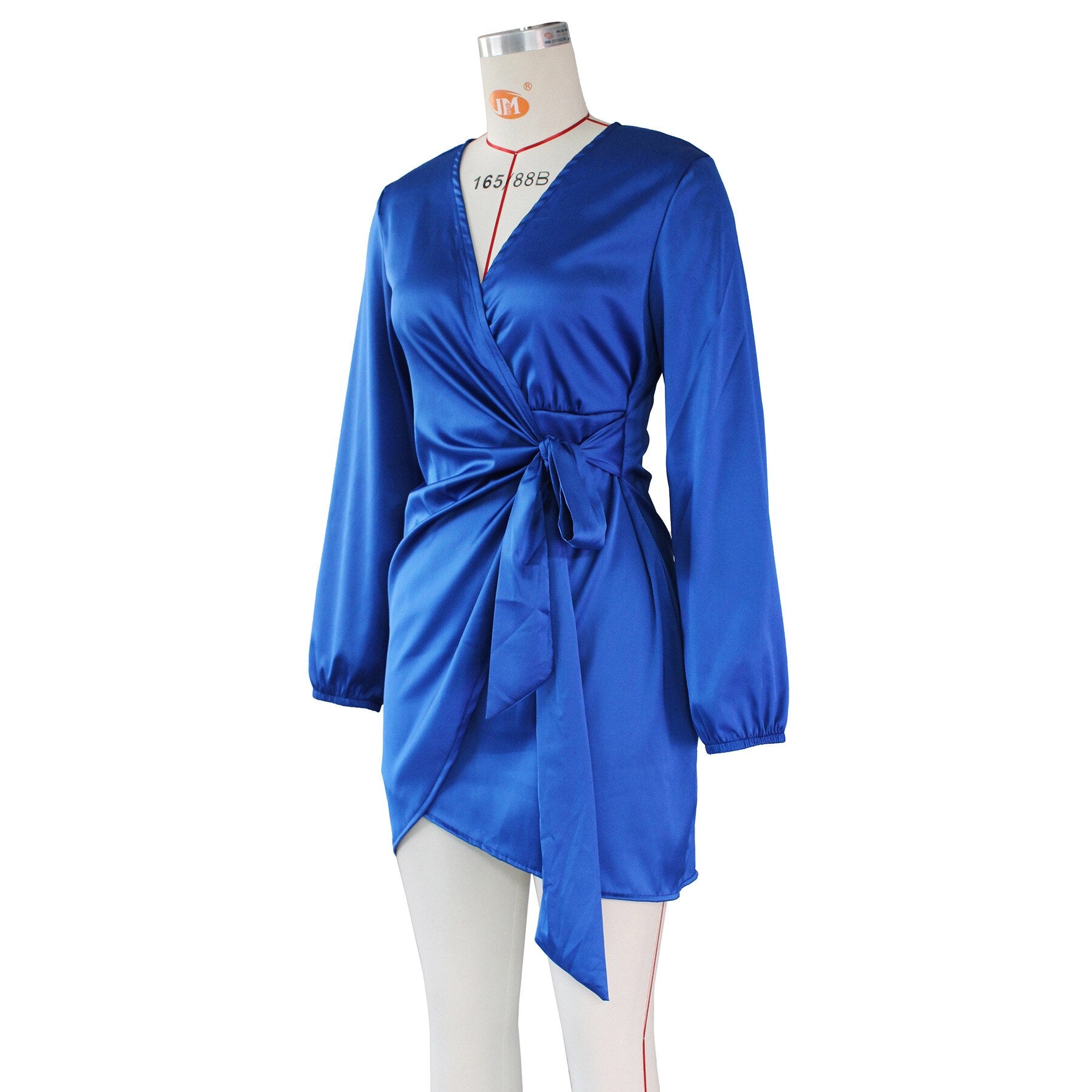 Satin Bodycon V Neck Lantern Sleeve Wrap Dress