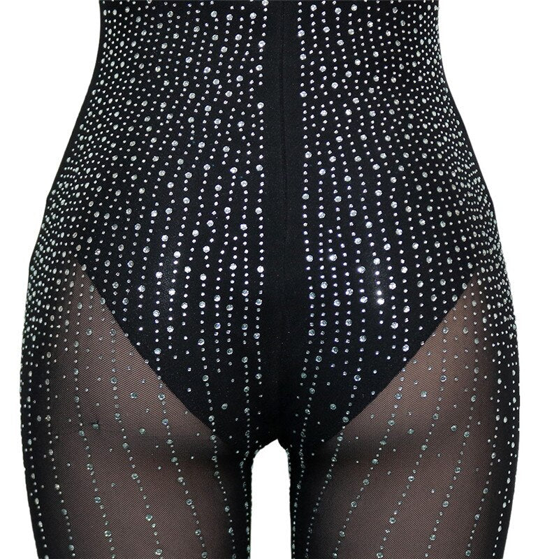 Rhinestone Sheer Mesh Sleeveless Backless Bodycon Jumpsuits