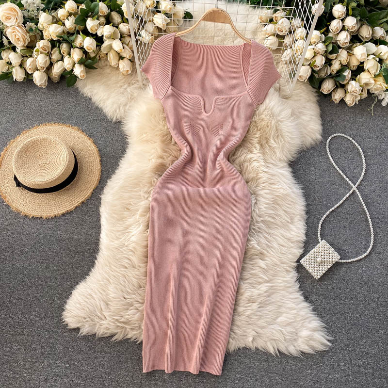 Back Slit Square Neck Casual Vintage Elegant Midi Dress