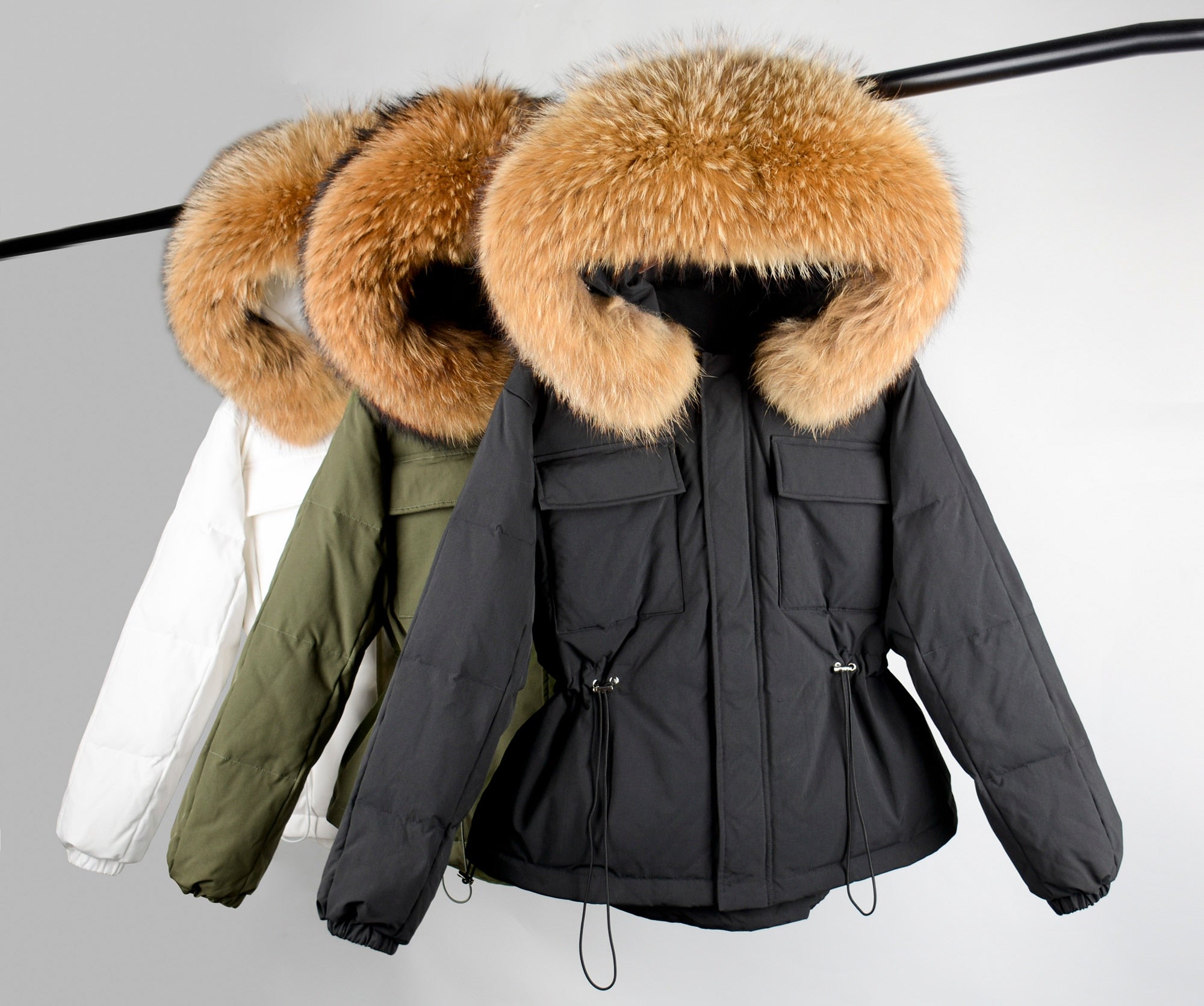 Raccoon Fur Hooded Winter Down Coat Puffer Feather Waterproof Parkas