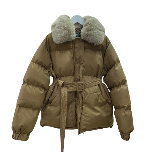 Padded Jacket Fur Collar Casual Parka Coat Single-breasted Waist  Thick Warm Jacket