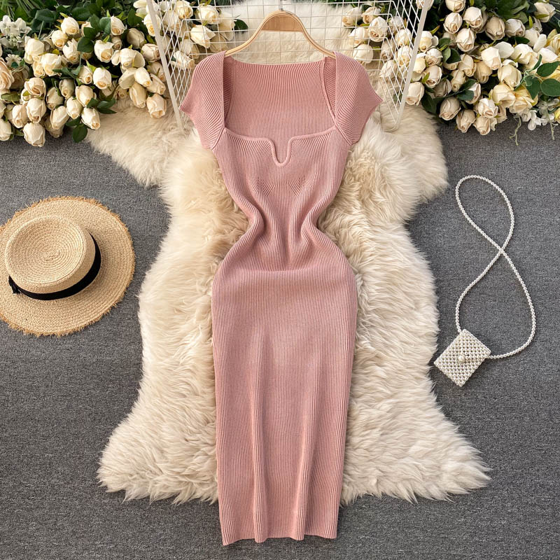 Back Slit Square Neck Casual Vintage Elegant Midi Dress