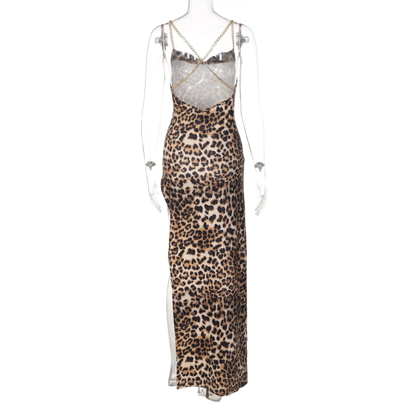 Leopard Metal Chain Slip Sleeveless Backless Dress