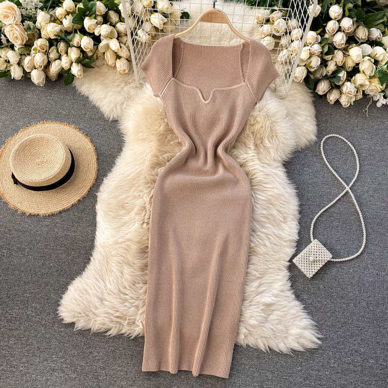 Back Slit Square Neck Casual Vintage Elegant Midi Dress