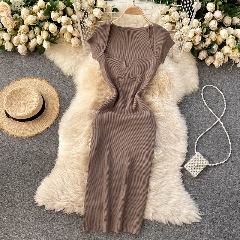 Back Slit Square Neck Casual Vintage Elegant Midi Dress