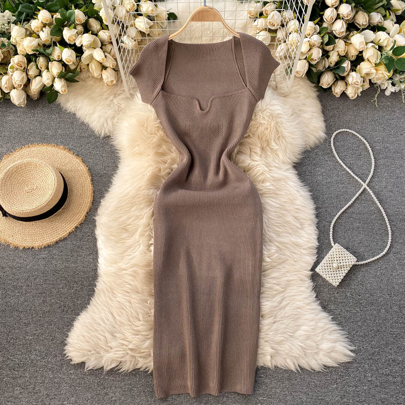 Back Slit Square Neck Casual Vintage Elegant Midi Dress