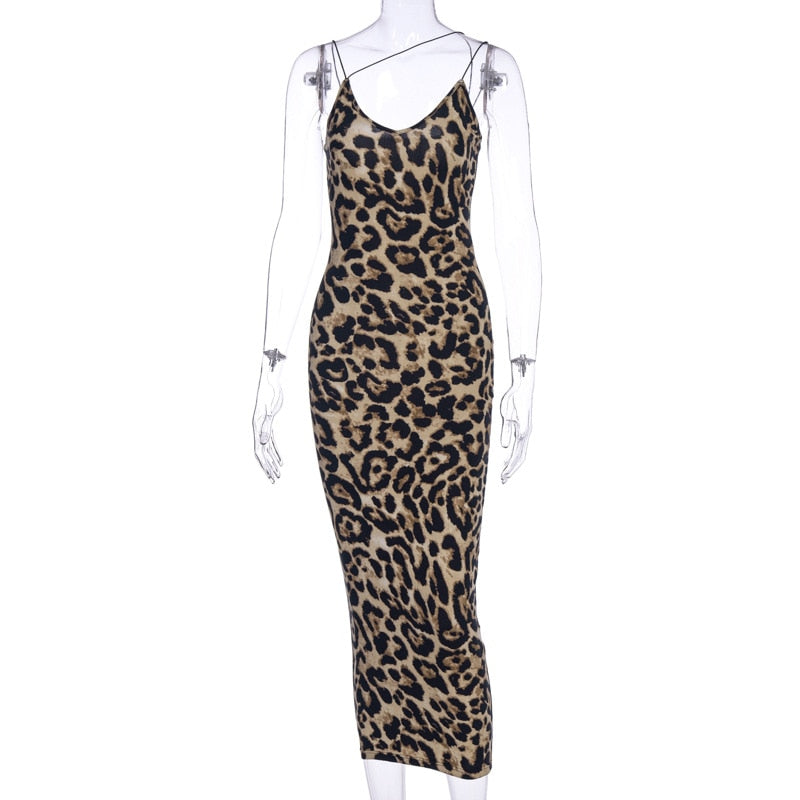 Leopard print sleeveless V-neck sexy midi dress