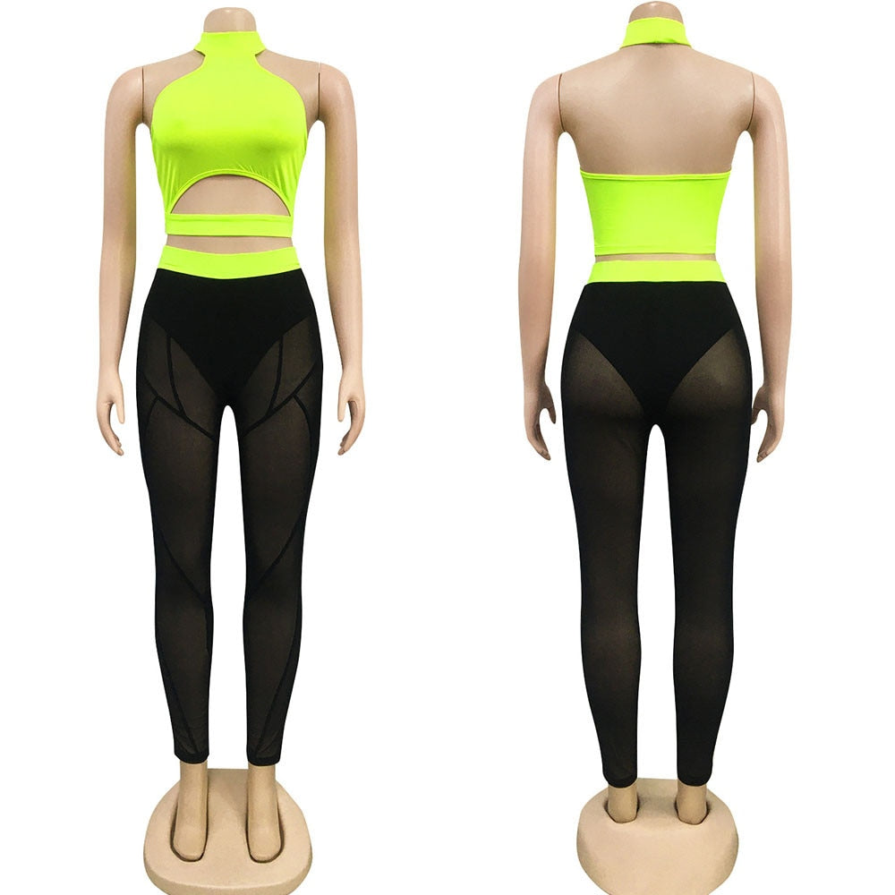 Halter Crop Tops and Sheer Mesh Leggings Set