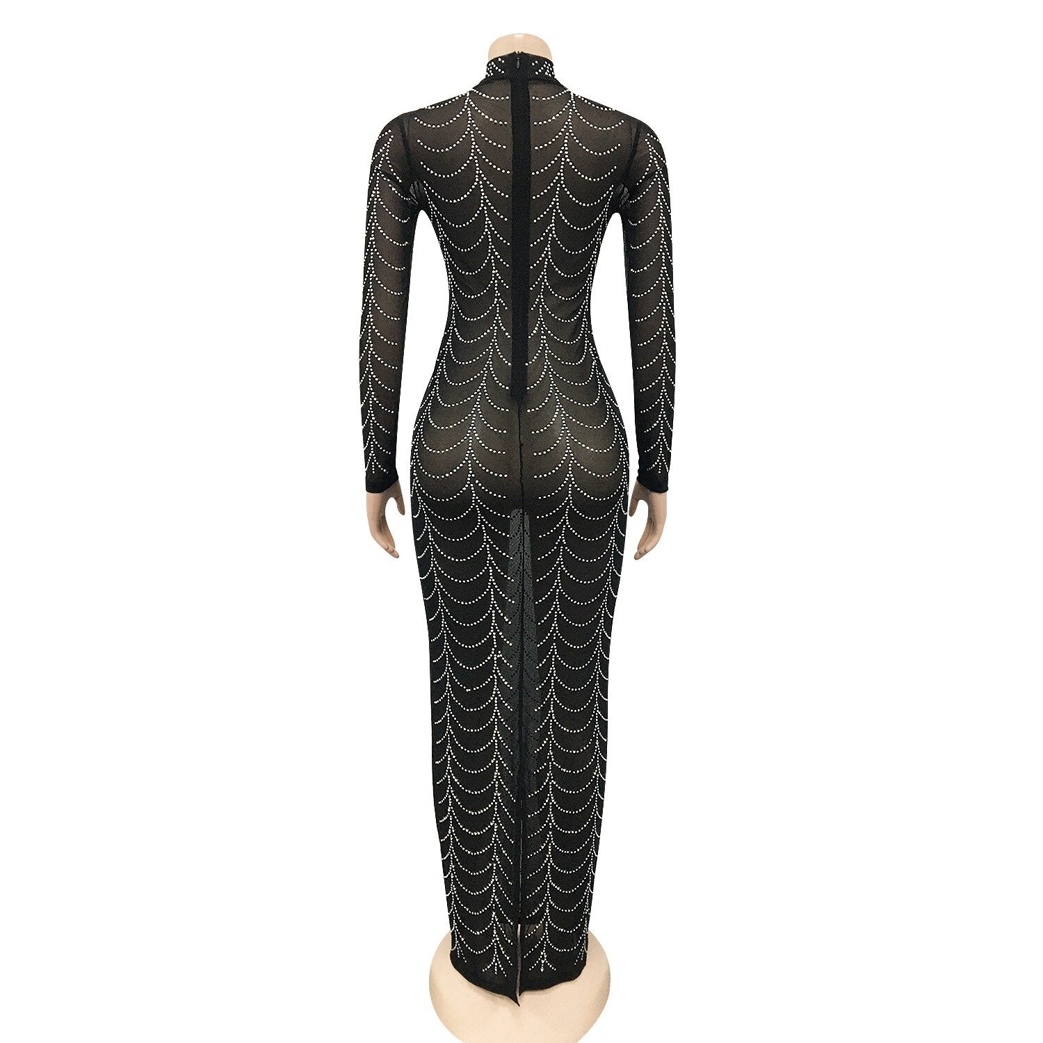 Rhinestone Mesh Long Sleeve Bodycon Maxi Dress