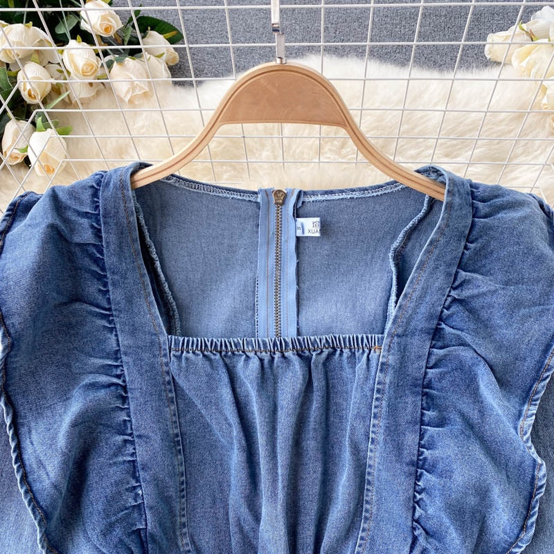 Vintage Square Collar Long Sleeve Ruffled Slim Denim Jumpsuit Denim Jumpsuit