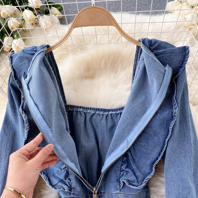 Vintage Square Collar Long Sleeve Ruffled Slim Denim Jumpsuit Denim Jumpsuit