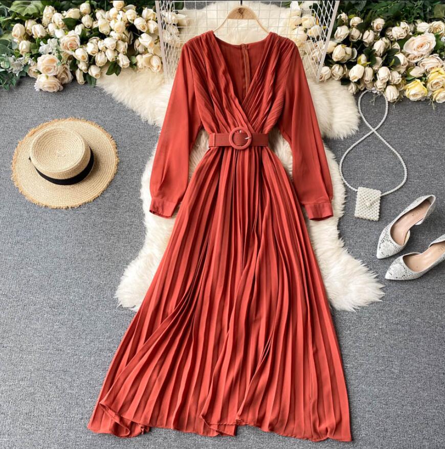 Elegant V-neck Pleated Slim Bandage A-line Midi Dress .