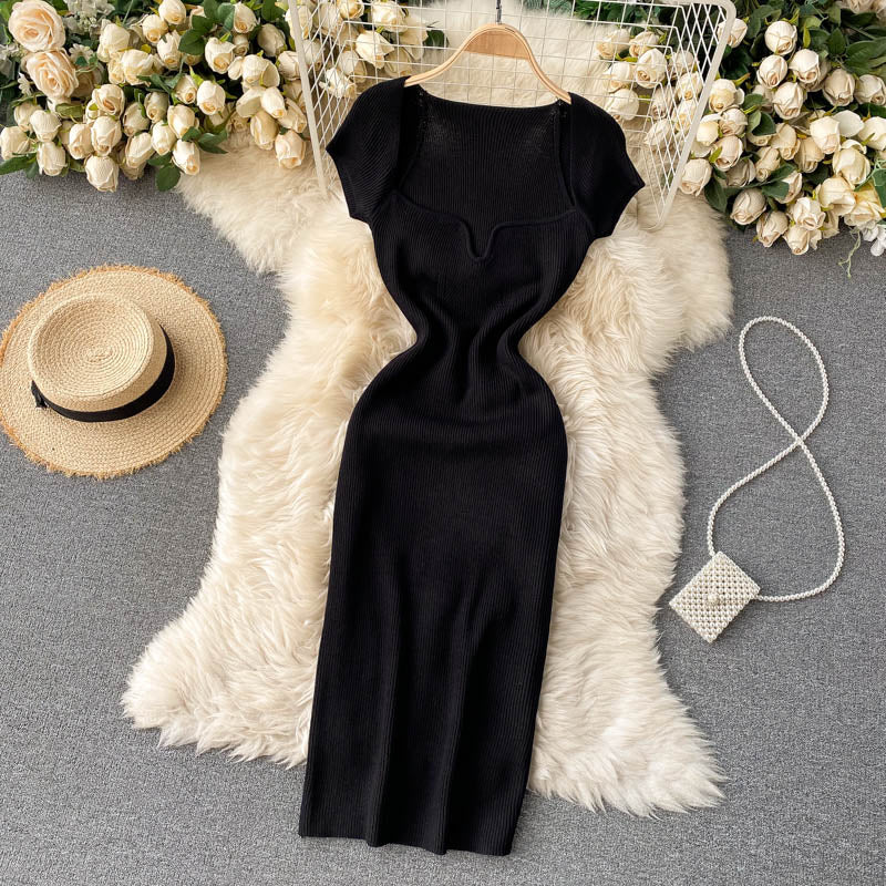 Back Slit Square Neck Casual Vintage Elegant Midi Dress