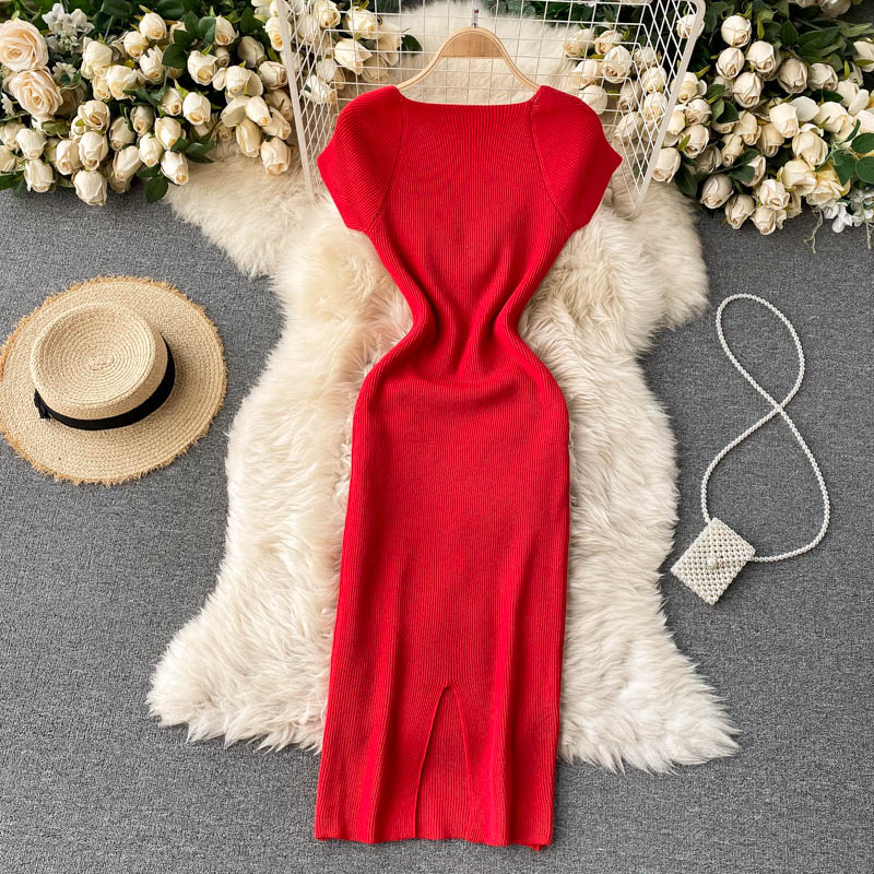 Back Slit Square Neck Casual Vintage Elegant Midi Dress