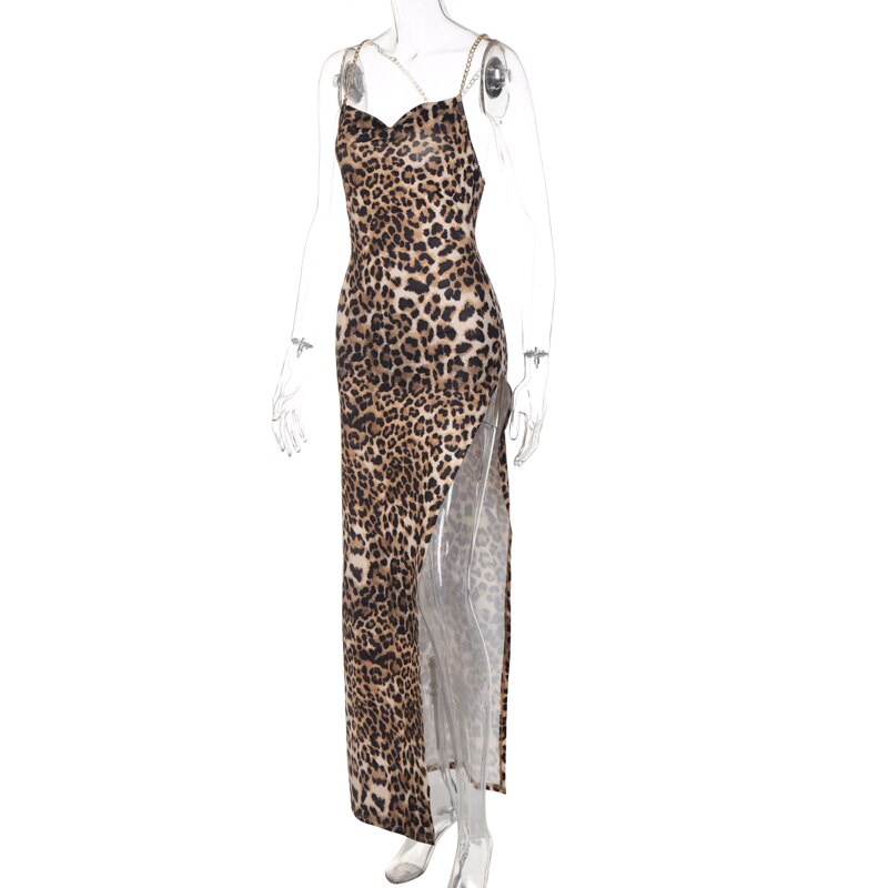 Leopard Metal Chain Slip Sleeveless Backless Dress