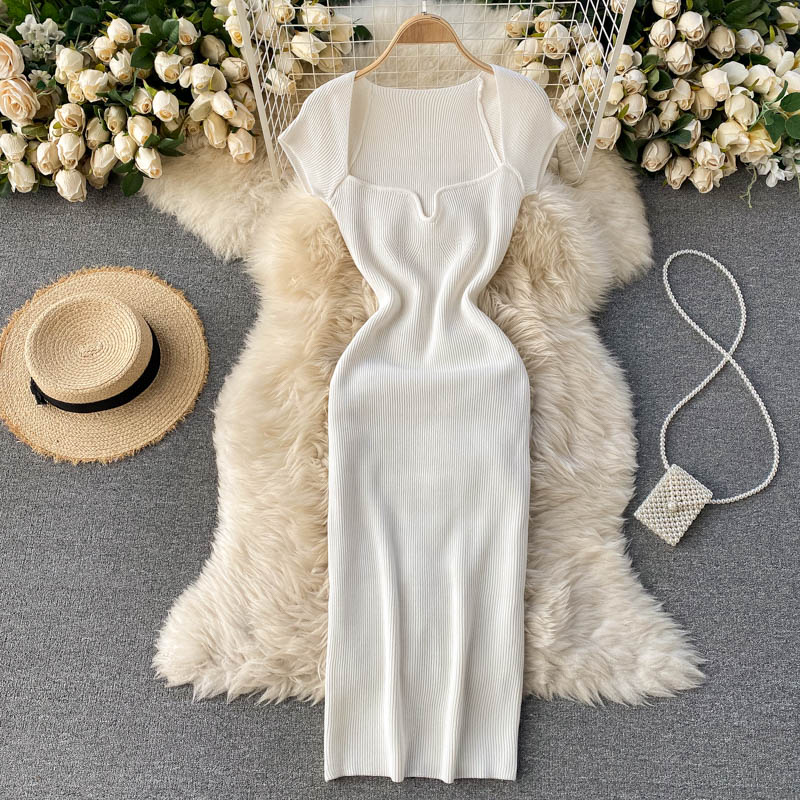 Back Slit Square Neck Casual Vintage Elegant Midi Dress