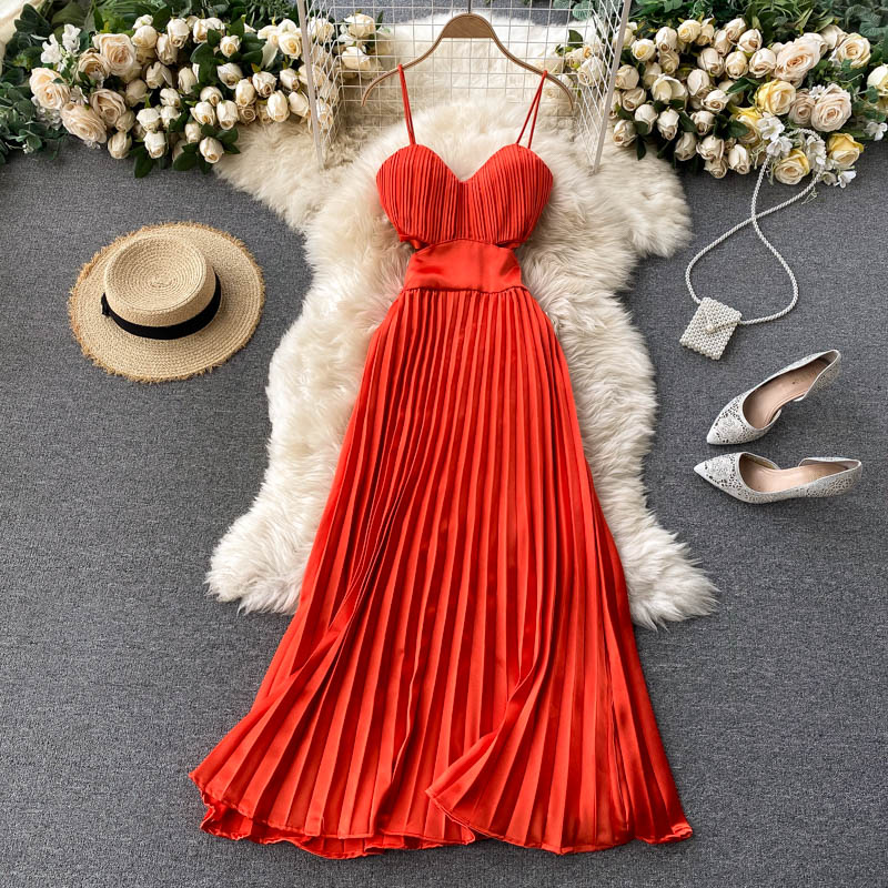 Spaghetti Strap Hollow Out High Waist Pleated Dress