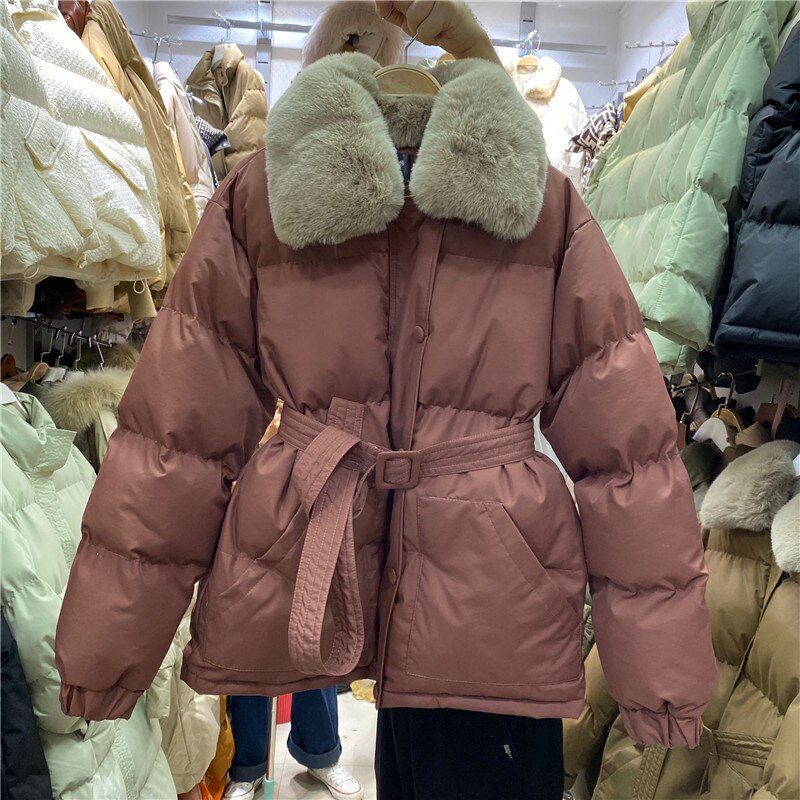 Padded Jacket Fur Collar Casual Parka Coat Single-breasted Waist  Thick Warm Jacket