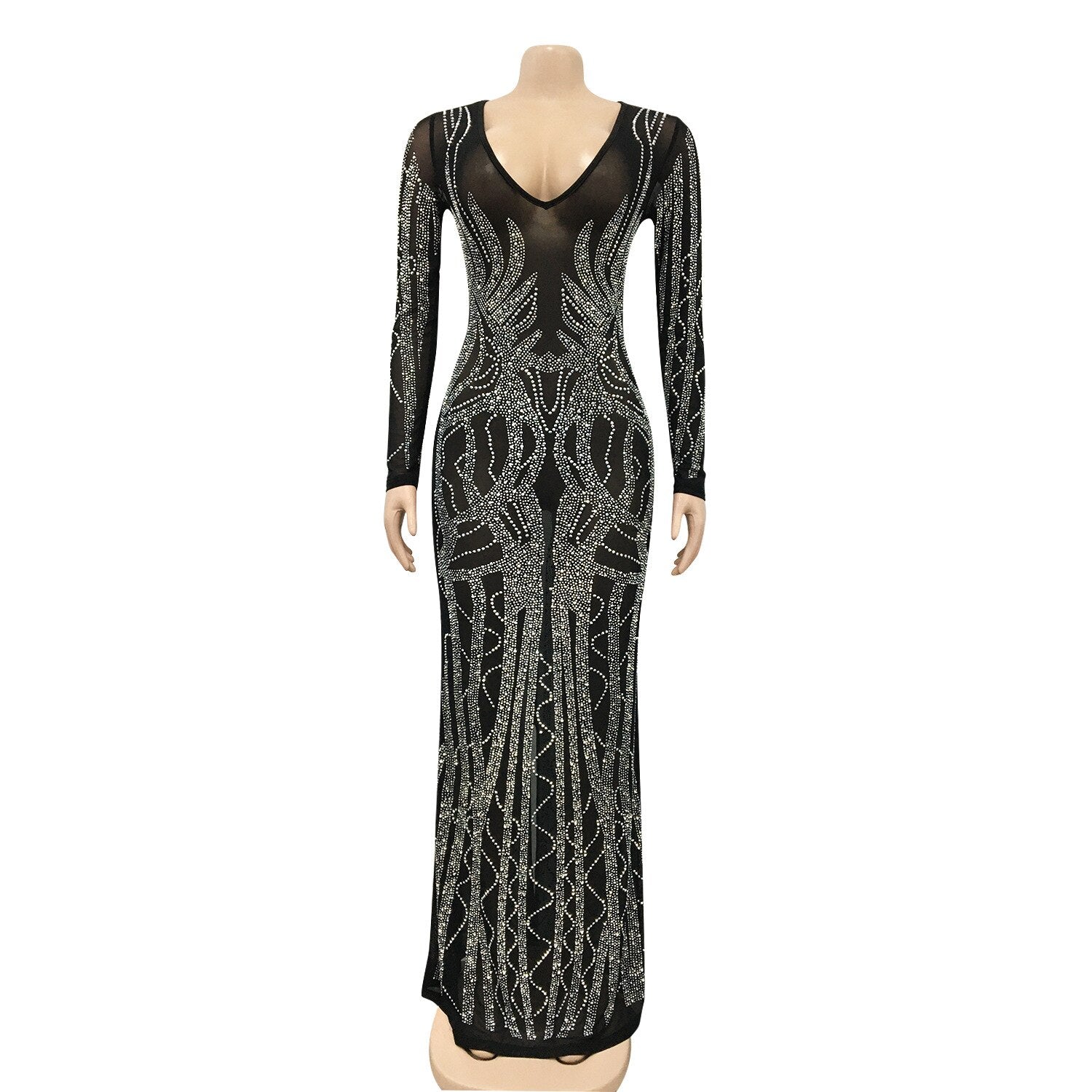 Deep V Neck Long Sleeve Rhinestone Mesh Black Bodycon Maxi Dress