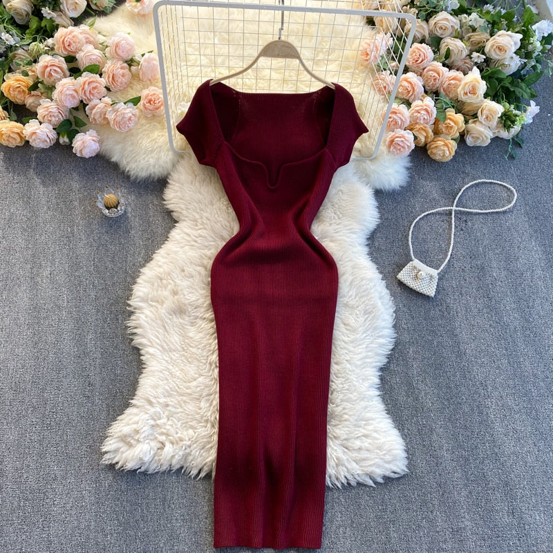 Back Slit Square Neck Casual Vintage Elegant Midi Dress