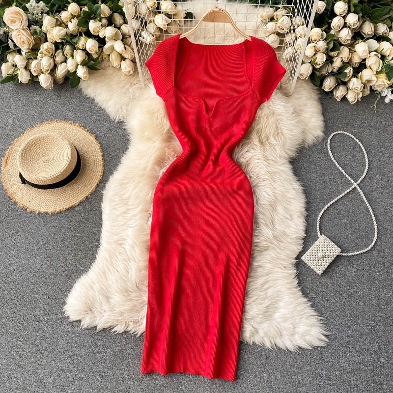 Back Slit Square Neck Casual Vintage Elegant Midi Dress