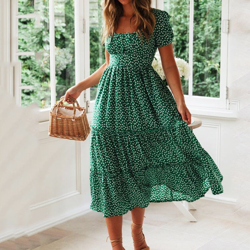 Vintage Print Puff Sleeve Dress