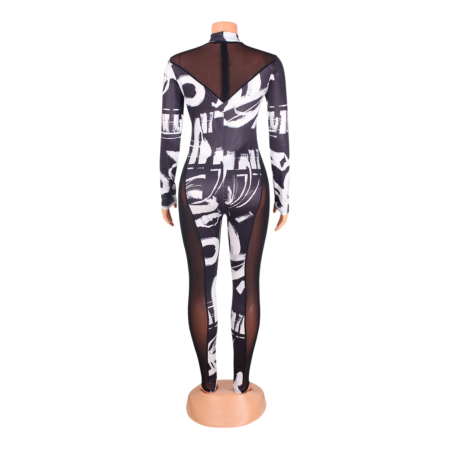 Rompers Letter Print Patchwork Sheer Mesh O Neck Long Sleeve Pencil Jumpsuit Overalls Women